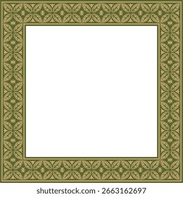 Vector cuadrado de oro con adorno ruso antiguo verde. Rectángulo eslavo, borde, marco. Pintura de las cámaras reales.
