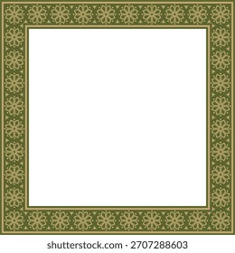 Vetor ouro quadrado com ornamento russo antigo verde. Retângulo eslavo, borda, quadro. Pintura das câmaras reais.

