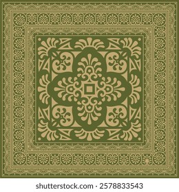 Vector square gold with green border, frame, Pompeii. Rectangle Neopolitan ornament. Art of Ancient Rome. Template for stained glass
