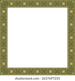 Vector square gold with green border, frame, Pompeii. Rectangle Neopolitan ornament. Art of Ancient Rome. Template for stained glass
