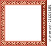 Vector square gold with red ancient Russian ornament. Slavic rectangle, border, frame. Painting of the royal chambers.
