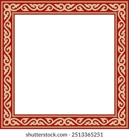 Vector square gold with red ancient Russian ornament. Slavic rectangle, border, frame. Painting of the royal chambers.
