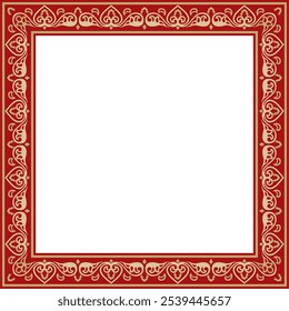 Vector square gold with red ancient Russian ornament. Slavic rectangle, border, frame. Painting of the royal chambers.
