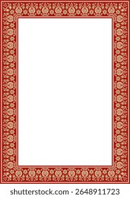Vector square gold with red ancient Russian ornament. Slavic rectangle, border, frame. Painting of the royal chambers.
