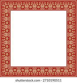 Vector cuadrado de oro con adorno rojo de la antigua Rusia. Rectángulo eslavo, borde, marco. Pintura de las cámaras reales.

