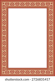 Vector square gold with red ancient Russian ornament. Slavic rectangle, border, frame. Painting of the royal chambers.
