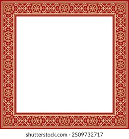 Vector square gold with red border, frame, Pompeii. Rectangle Neopolitan ornament. Art of Ancient Rome. Template for stained glass
