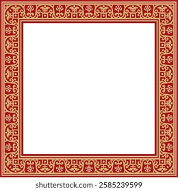 Vector square gold with red border, frame, Pompeii. Rectangle Neopolitan ornament. Art of Ancient Rome. Template for stained glass
