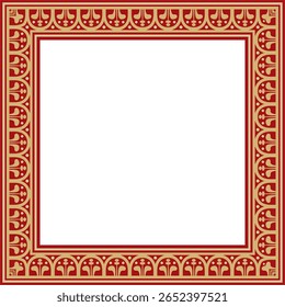 Vector square gold with red border, frame, Pompeii. Rectangle Neopolitan ornament. Art of Ancient Rome. Template for stained glass
