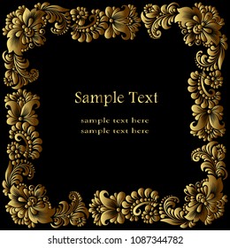 Vector square golden  frame  with luxurious ornament with flowers on a black background. Decoration of the advertisement page, certificate, menu in the royal vintage style. 