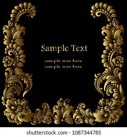 Vector square golden  frame  with luxurious ornament with flowers on a black background. Decoration of the advertisement page, certificate, menu in the royal vintage style. 