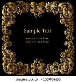 Vector square golden  frame  with luxurious ornament with flowers on a black background. Decoration of the advertisement page, certificate, menu in the royal vintage style. 
