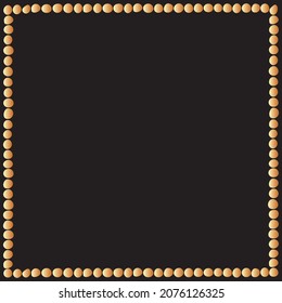 Vector square golden frame made of dots, drops, grains, specks, circles. Simple decoration frame, pattern in flat style, isolated on black background