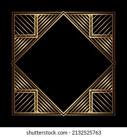 Vector square golden frame on the black background. Isolated Art Deco symmetric border with empty space