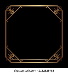 Vector square golden frame on the black background. Isolated Art Deco symmetric border with empty space