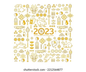 Vector square golden pattern with outline symbols of the Rabbit Zodiac sign, Symbol of 2023 on the Chinese Lunar calendar. Line art China design, gold elements. Chinese illustration. Translate: Rabbit