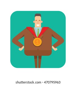 Vector square green frame with cartoon image of a square businessman with black hair in a brown suit standing with gold medal around his neck in the center on a white background. Geometric businessman