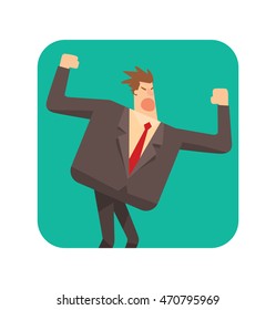 Vector square green frame with cartoon image of a square angry businessman with brown hair in a black suit standing and screaming at someone in the center on a white background. Geometric businessman.
