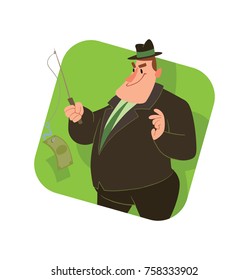 Vector square green frame with cartoon image of a funny fat man capitalist in a black suit and hat with a fishing pole with a baited banknote in hand on a white background. Business, finance, monopoly
