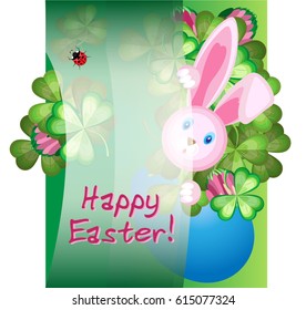 Vector square greeting card for Easter. A painted egg and a peeping rabbit on a green gradient background, with a translucent jumper.