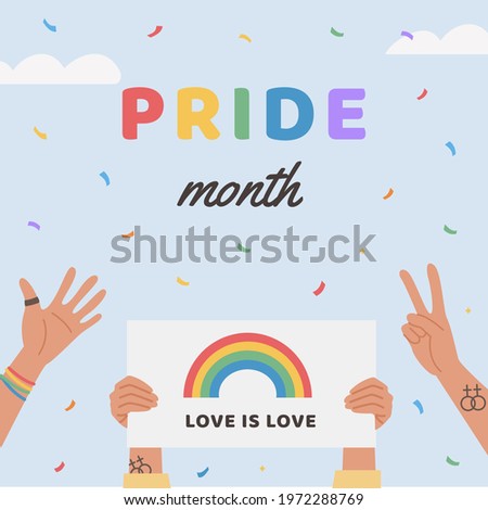 Vector Square Greeting Card with LGBT community people on Pride Parade holding placard. Banner with LGBTQ symbols. Social media post. Poster with queer symbols. Flat style Illustration for pride month