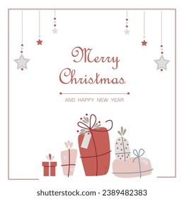 Vector square greeting card merry christmas and happy new year with gifts and decor