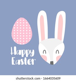 Vector square greeting card with muzzle rabbit and egg on a purple background. Pink egg with white polka dots in a flat style. Happy Easter letterin text hand drawn