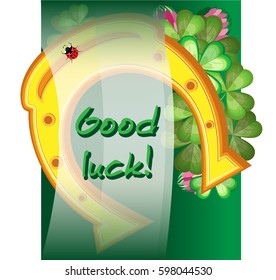 Vector square greeting card for St. Patrick's Day. Gold horseshoe with shamrock clover and flower. On a green gradient background, with a translucent jumper.