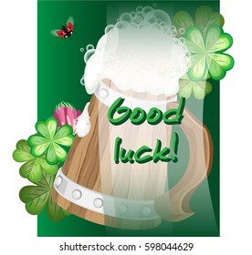 Vector square greeting card for St. Patrick's Day. Mug of beer with shamrock and clover flower. On a green gradient background, with a translucent jumper.