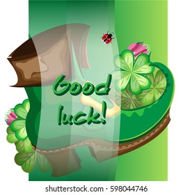 Vector square greeting card for St. Patrick's Day. Green Leprechaun`s boot with shamrock and clover flower. On a green gradient background, with a translucent jumper.