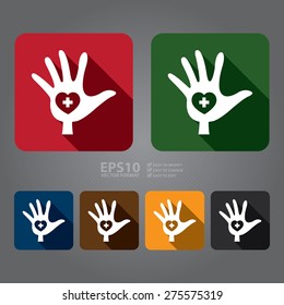 Vector : Square Hand With Heart, Charity, Volunteer Flat Long Shadow Style Icon, Label, Sticker, Sign or Banner