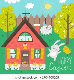 Vector square happy Easter greeting card template with bunny, chick and sheep. Garden scene with cute country house and animals. Spring gardening scenery. Holiday illustration with rabbit 
