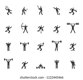 Vector of square headed man sports set icon, football, basketball, tennis, baseball, skating, athletic, gym, gymnasium, body building, exercise, training, workout, sign, symbol pictogram icons set