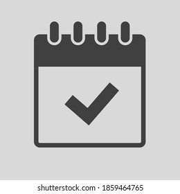 Vector square icon page calendar - mark done, yes, success, check, approved, confirm. Vector illustration flat style. Completed Sunday Monday Tuesday Wednesday Thursday Friday Saturday