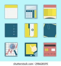 Vector - Square icons of business, office supplies, study material: notebook, calculator, pencil, ruler, sharpener, post it, graph with magnifying glass, mobile and credit card
