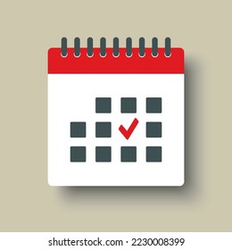 Calendario de la página de iconos cuadrados vectores - marque la aplicación de la agenda, fecha límite, icono de la página de fecha y marca realizada, sí, éxito, comprobación, aprobación, confirmación. Recordatorio, programe el signo simple de la línea. Concepto de organizador