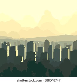Vector square illustration of big city and skyscrapers with glare from sun.