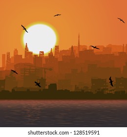 Vector square illustration: city by the sea with cost and bird at sunset.