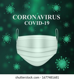 Vector square illustration of a coronavirus and medical mask on a dark green background. Covid-19 concept. Virus protection. EPS 10
