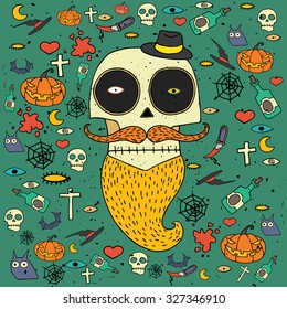 Vector square illustration featuring Halloween greeting card with different topical objects