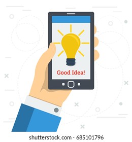 Vector square illustration in flat style. Hand with phone and yellow lamp on monitor. Concept of success business idea or proposition