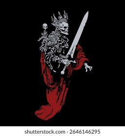 Vector square illustration in gothic style. Stylized skeleton in crown and velvet cape holds old sword in hands