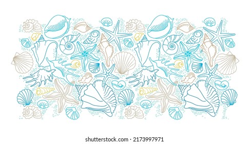 Vector square illustration of line art tropical sea elements, seashells, starfish. Doodles of marine life. Sea decor for scrapbook, card, decoration, design.Ocean, sea creatures. Maritime illustration