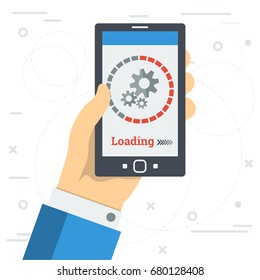 Vector Square Illustration - LOADING PROCESS Of Mobile App Or Update Program. Hand With Smart Phone And Round Sign Of Uploading Status Isolated On White Background