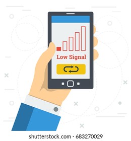 Vector square illustration - LOW SIGNAL of mobile. Hand with smart phone in zone with weak cellular coverage and the reset button on monitor in flat style