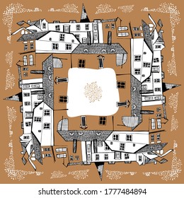 Vector square illustration of Old Town brown with black and white elements. Graphic decorative illustration of medieval city. The design is perfect for stickers, home decorations, textiles, postcards.