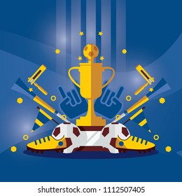 Vector square illustration with soccer fan accessories and vuvuzela, cheerleader glove, ratchet, flag and football ball, winner cup, player boots on blue background. Flat objects.