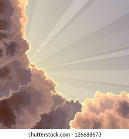 Vector square illustration: sunset sun rays through the big dark clouds.