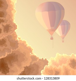 Vector square illustration: two air balloons among clouds in the morning.