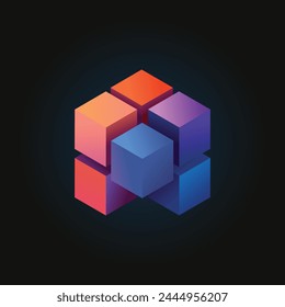 Vector square illustration with volumetric multi-colored cubes on a black background. Immerse yourself in the world of abstraction, where simple shapes transform into amazing compositions.